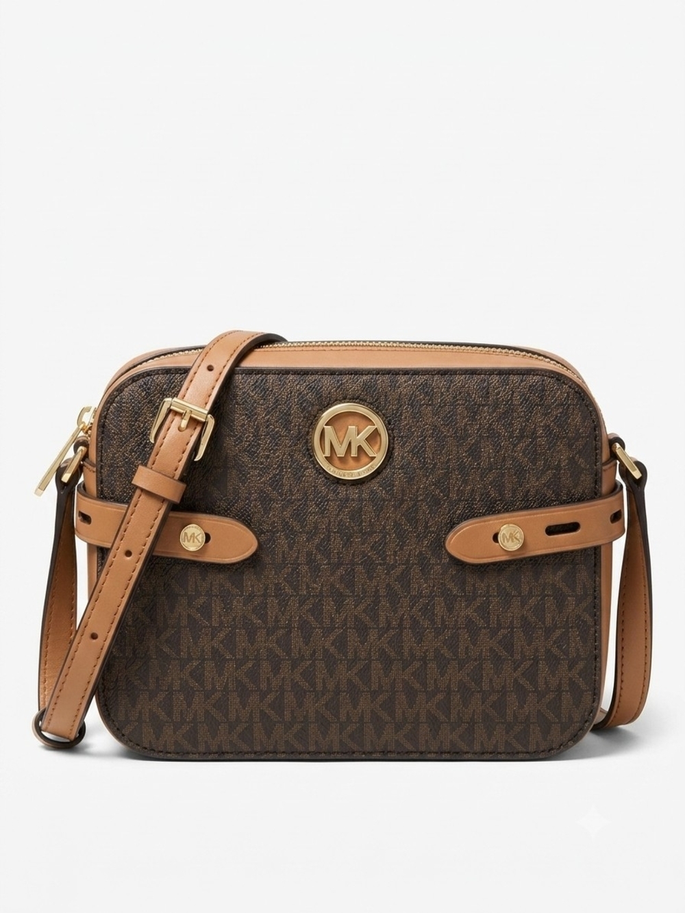 Michael Kors Brown Monogram Crossbody with Gold MK Emblem - Picture 2 of 16